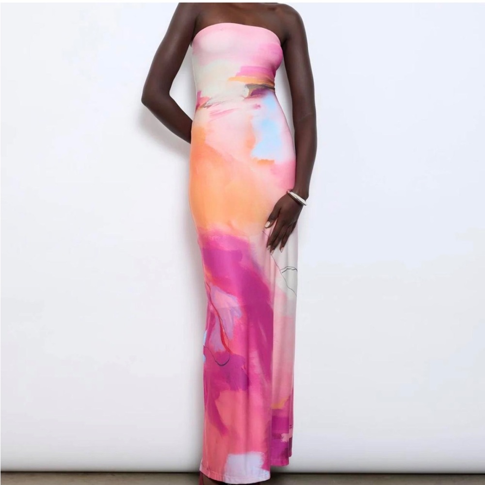 NWT With Harper Lu Strapless Maxi Slip Dress Abstract Art Print Size XS
